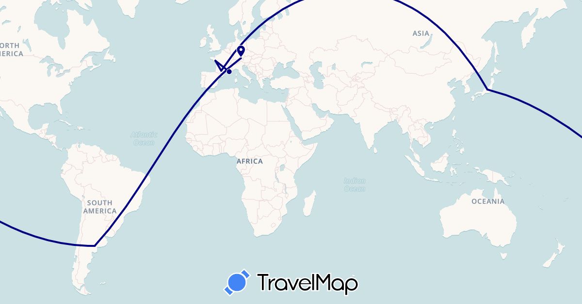 TravelMap itinerary: driving in Argentina, Germany, France, Japan (Asia, Europe, South America)